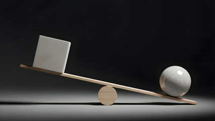 Concepto de equilibrio: cubo cer&aacute;mico y esfera en balanc&iacute;