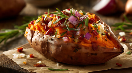 Loaded Sweet Potato with Savory Toppings, Comfort Food Concept