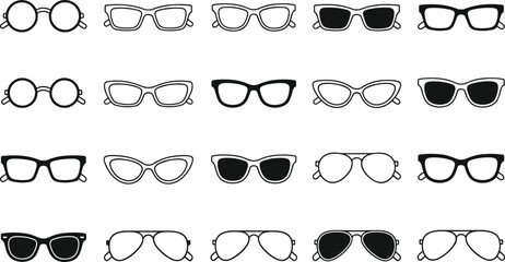 Minimalist Eyewear and Sunglasses Line Art Vector Icon Set, Variety of Modern, Vintage, and Classic Frame Styles, Fashion and Vision Graphics