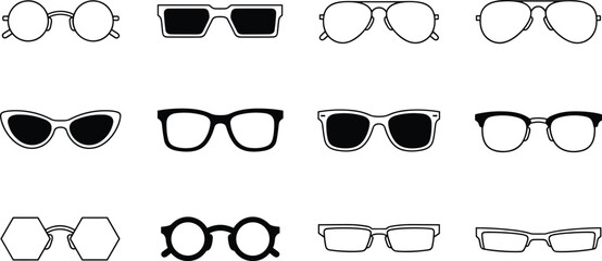Minimalist Eyewear and Sunglasses Line Art Icon Set, Modern, Vintage, and Classic Glasses Styles, Fashion, Vision, and Optics Vector Graphic Symbols