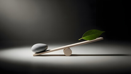 Minimalist balance: Stone and leaf on wood seesaw.