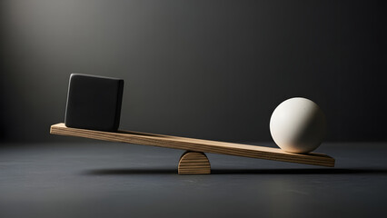 Concepto de equilibrio: cubo cer&aacute;mico y esfera en balanc&iacute;