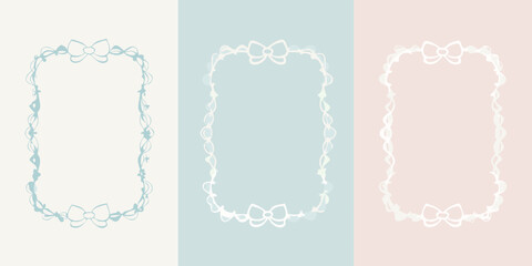 Delicate lace frames with bows in pastel shades of blue beige and pink