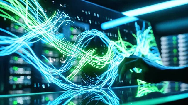 Hands hover over glowing data streams in a server room, neon tunnels weave through racks circuit hum