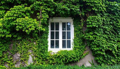 natural green climbing tree, plant wall with white window