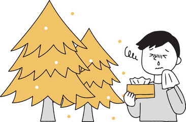 花粉を出す杉の木と鼻水が出る男性単色