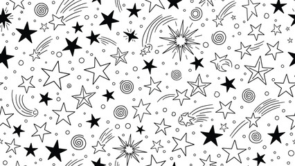 Seamless star pattern illustration with shooting stars, cosmic doodles, swirling elements, celestial background, decorative night sky vector design for creative projects © MstRuna