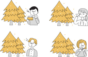 花粉を出す杉の木と花粉症の人セット単色