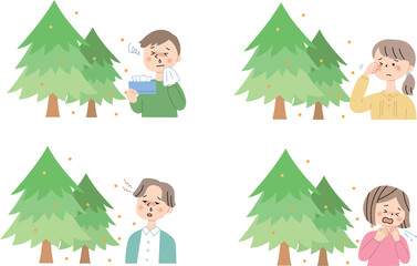 花粉を出す杉の木と花粉症の人セット