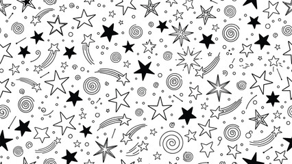 Seamless star pattern illustration with shooting stars, spirals, doodles, cosmic elements, whimsical celestial background design, decorative fantasy vector art for creative projects © MstRuna