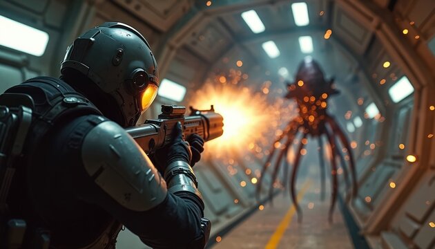 Futuristic soldier fires weapon at alien creature inside spaceship corridor. Intense combat scene with sparks flying during intense intergalactic battle between human and monster.