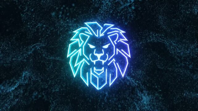 Neon-lit lion head logo with a geometric design roaring in a dark blue and black background with a futuristic glow effect.
