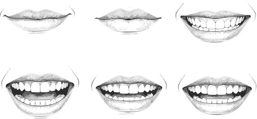 Hand-drawn mouth and smile illustration set featuring expressive lips, teeth variations, and realistic emotional expressions for portraits, design projects, and graphic,