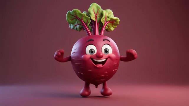 A cheerful 3D cartoon beet character with a happy face and flexing arms, standing against a solid reddish-purple background.