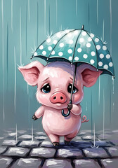 Adorable Little Piglet Walks Through Gentle Rain with an Umbrella