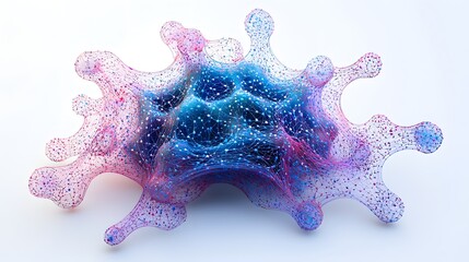 Abstract 3D rendering of a complex cellular structure with blue and pink glitter details isolated on white
