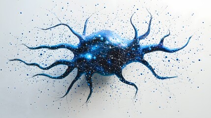 Abstract glowing blue neuron network structure with intricate connections on a white background