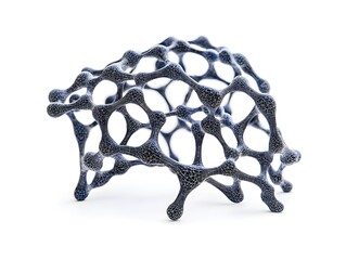 An abstract interconnected molecular or network structure rendered in dark blue against a clean white background