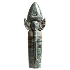 An ancient carved stone artifact featuring a stylized head with wings