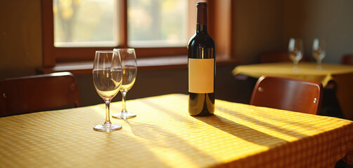 Cozy restaurant table set with wine bottle and glasses on yellow checkered tablecloth. Sunlight streams through window, casting striped shadows. Ready for diners to enjoy a meal.
