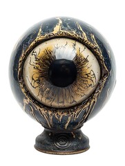 An eerie dark themed eyeball sculpture with intricate golden veins and a textured metallic finish isolated on a white background