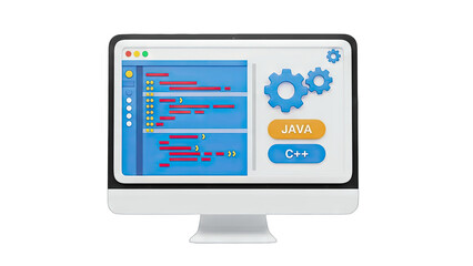 3D Render of a Computer Displaying Code and Programming Tools