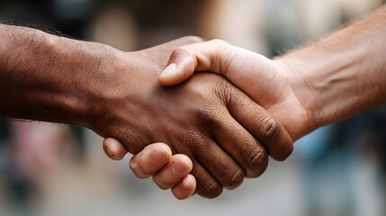 Two distinct hands firmly grasp each other in a symbol of unity and agreement.