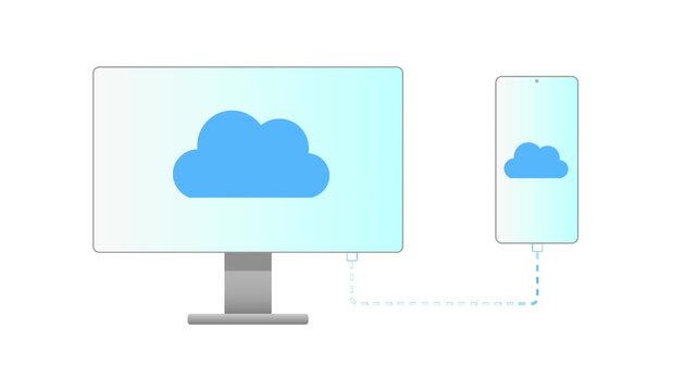 4K flat animation of a computer and phone connection with a blue cloud symbol on a white background.