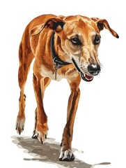 Brown sighthound dog walking forward isolated on a white background