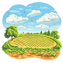 Cartoon illust n of a sunny farm field with rows of crops trees and a blue sky with clouds