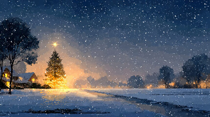 Fototapeta premium Snow-covered landscape with a decorated Christmas tree under a starry night sky.