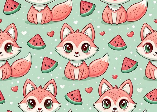 Cute Seamless Fox and Watermelon Pattern on Mint Background for Nursery and Kids Design