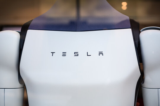 Tesla Optimus humanoid futuristic robot at Tesla store in Plano, Texas.