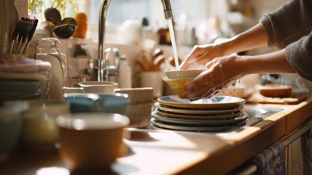 Washing dishes by hand in bright kitchen with natural light showing clean plates and bowls stacked near sink with running water creating warm everyday home atmosphere and clean kitchen stack