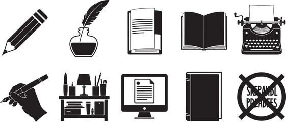 Fototapeta na wymiar Collection of nine black vector icons representing writing and reading tools book pencil