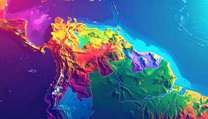 Colorful, abstract, 3D topographic illustration of a land mass