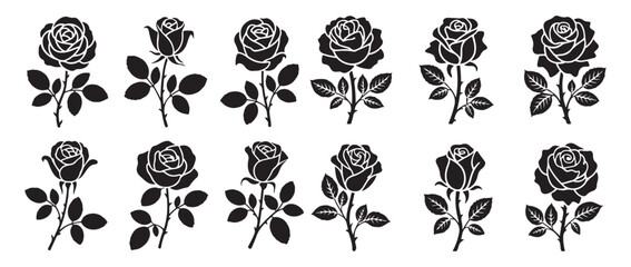 Rose flower silhouette set. black and white blooming roses collection vector illustration © MDABDUR