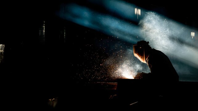 Silhouette of metalworker illuminating darkness with bright sparks during industrial fabrication process - Powered by Adobe