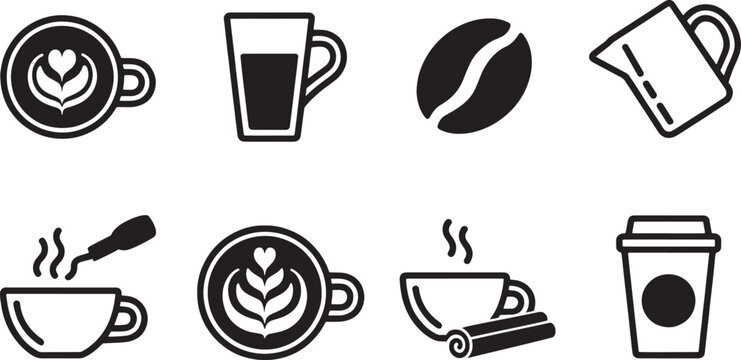 Black and white vector icons of coffee cups latte art bean and pitcher heart