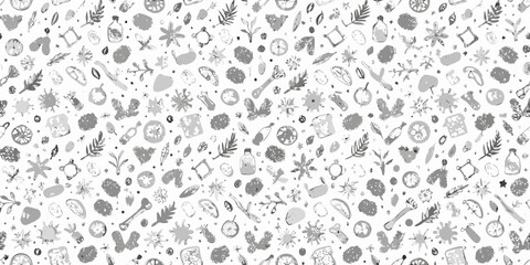 Intricate botanical pattern featuring various leaves fruits and floral elements
