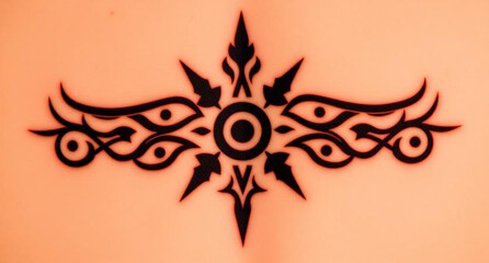 Vector illustration of a red tribal sun tattoo design on the belly of a pregnant woman in lingerie symbolizing beauty and baby care