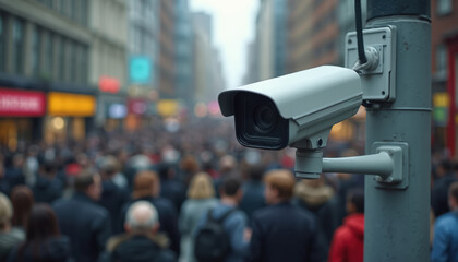 Security camera watches large crowd on city street during busy day. Digital surveillance monitors public space, tracks people movement. Technology observes urban life, anonymity concern.