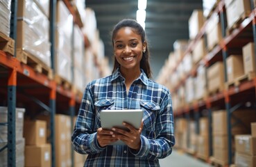 Young african american woman smiles holding tablet in warehouse. She works checking inventory on computer near product shelves. Logistics employee uses digital device.