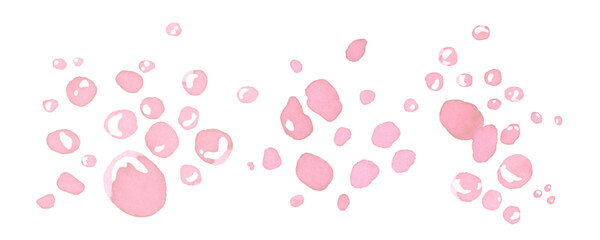 Set of stain, brush strokes resembling berry juice or yogurt. A spilled pink drink. Collection of stains for background. Pink paint splashes. Berry juice drops. Scattered glitter drops. Backdrop © Daria