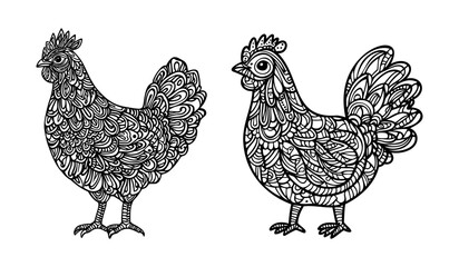 Zentangle Chicken Line Art Illustration Set