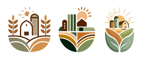Modern Farm Logo Badge Set with Barn, Field and Sun