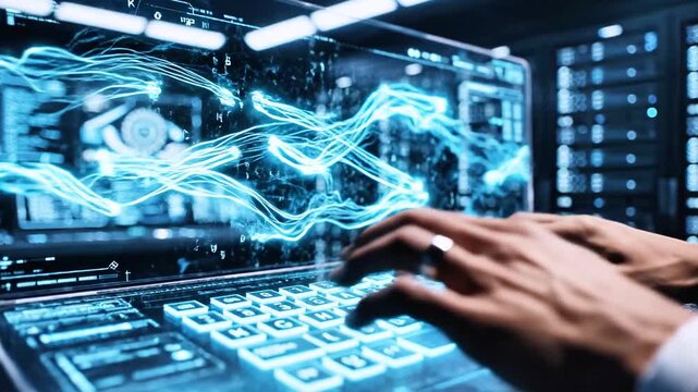 Futuristic hands type on a transparent laptop as glowing data streams swirl inside a server room now