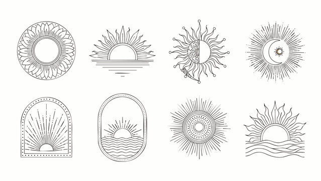 Collection of Celestial Sun and Moon Symbols, Boho Style Line Art, Mystical and Esoteric Graphics