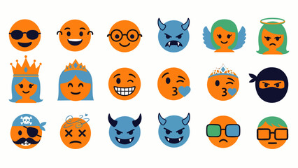 Obraz premium Collection of diverse emoji characters expressing various emotions and roles, including happy, sad, angry, and playful.