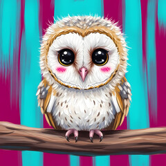 A cute white owl sitting on a branch with colorful background